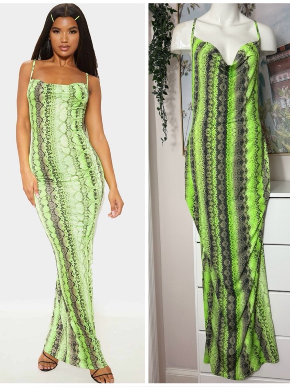 PrettyLittleThing Lime Green Snakeskin Bodycon Maxi Dress Slip Size 12 Large